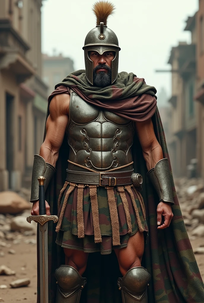 image of a Roman soldier in the 21st century mix the armor of the Roman soldier with a camouflage helmet with a beige crest camouflage vest characteristic uniform of the 21st century military boot camouflage greaves in the Roman style with camouflage cloak
