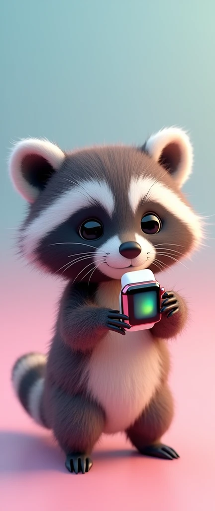 A delightful and eye-catching 3D render of a  raccoon, named Kawai, exploring the world of technology. The raccoon sports a miniature Apple Watch and AirPods, showcasing a playful and curious expression. Its fluffy fur adds to the cuteness, while its tiny paws grasp the tech accessories. The background features a soft pastel gradient, creating a vibrant and visually appealing atmosphere suitable for a captivating poster., 3d render, photo, poster