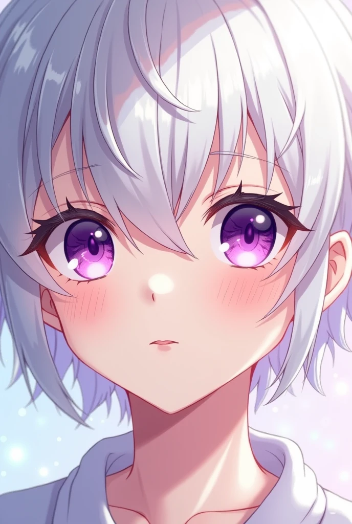 cute anime boy with white hair and purple eyes clean anime looking at camera