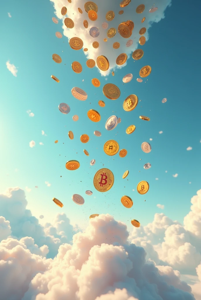 Bitcoin, ethereum, Binance Coin, shiba inu, Dogecoin and Pepecoin falling from the sky