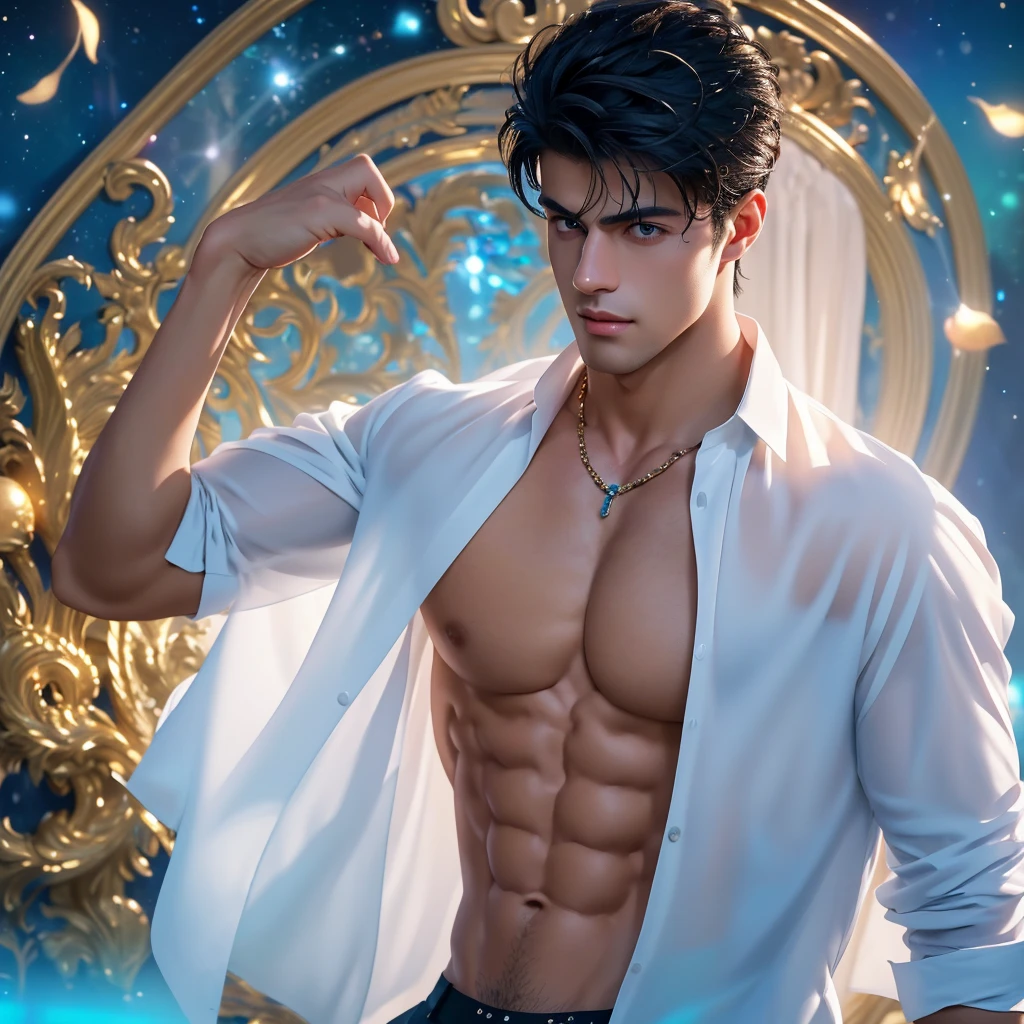 a mesmerizing depiction of a strikingly handsome young man (face: Matthew Daddario), donning ( white shirt and black brief, bulge: 1.2), (open shirt showcasing chest and abs: 1.5), gorgeous, beautiful, wet, muscular, perfect eyes, sexy gaze, looking at the viewers romantically, perfect bare body, smooth skin, wide chest, largest breast, extremely large pectorals, big nipples, breathtaking grandeur, very bright colors, light particles, with light glowing, wallpaper art, UHD wallpaper, his (toned physique: 1.5) is bathed in the soft glow of moon, and a hot glow in his skin, creating an otherworldly aura, as he sexually gazes out into the depths, the intricate details of his attire and the (subtle gleam: 1.5) on his skin are meticulously captured, lending an air of realism to the scene, full body view, very large blood wings are spread into distance, (scene: noblesse: 1.5, characteristics: cadis etrama di raizel: 1.5), (landscape: lukedonia)