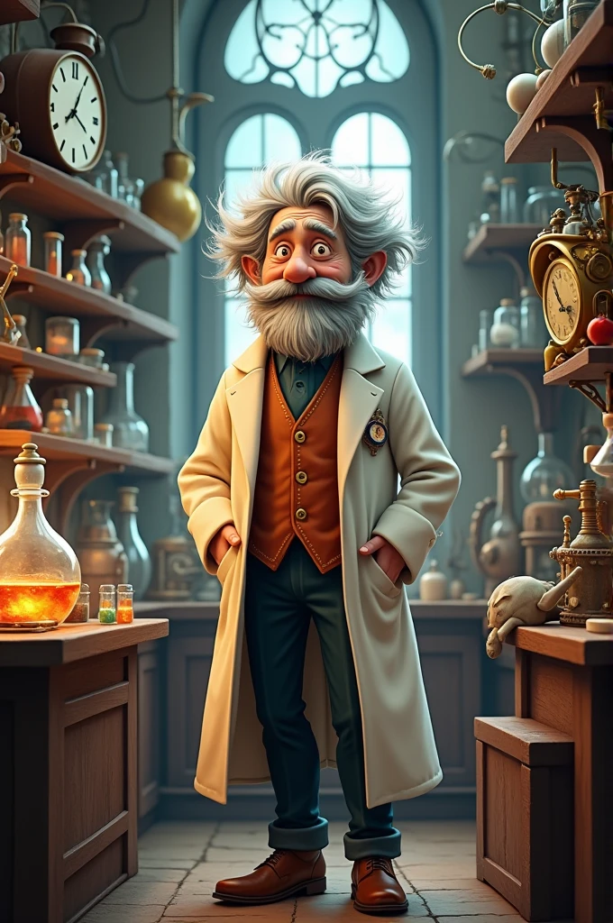 An image of Professor Balthazar in a white lab coat in the middle of his workshop while lab equipment is arranged around him.