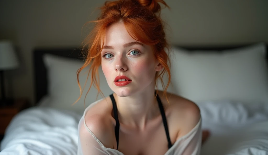 A full body picture of a 18-year-old pretty and sexy redhead young woman with a messy bun hairstyle. cute face. She models in the bed showing her belly button. she wears a semi transparent shirt and black tiny tight panties. She has shiny blue eyes and glossy red lips. she has a perfect anatomy, average weight and medium height. The background is smooth blurred. high contrast and vibrant.