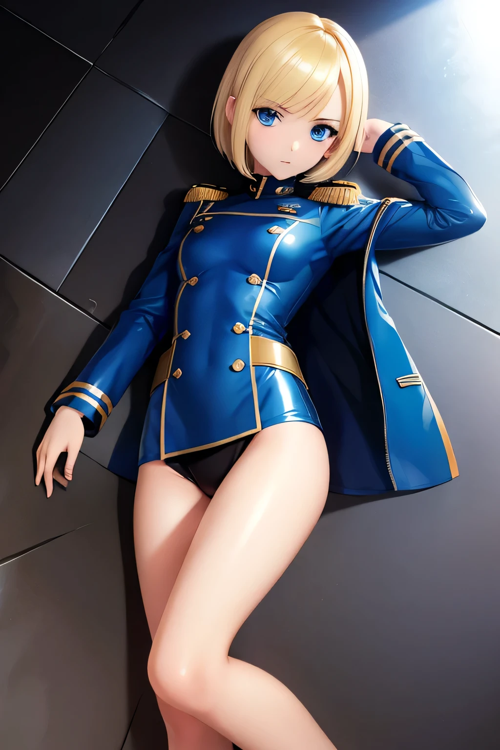 Highest quality,Highest Resolution,(((Blue shiny military uniform Blonde dark blue eyes))) Short Hair straight expressionless flat chest woman cool battlefield
