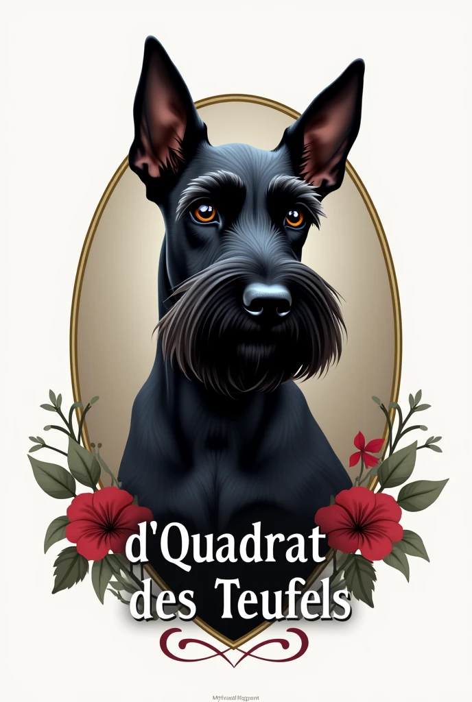 "Generate an eye-catching logo for a Miniature Schnauzer breeder breeder Black Variety , miniature size. The dog must be elegant, black color , strong head and CROPPED ears. The name of the kennel is D&#39; Quadrat Des Teufels which means devil&#39;s box and should be written prominently in an elegant font..