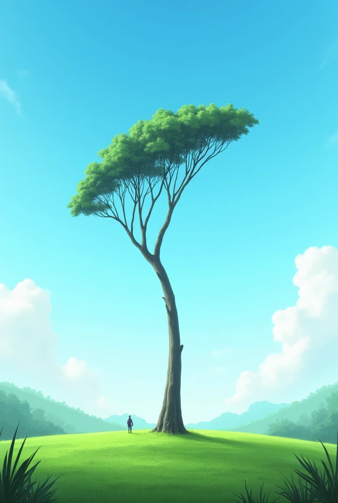 deep landscape with a large thin tree in the middle with long arch-shaped branches, Green lawn and blue sky 