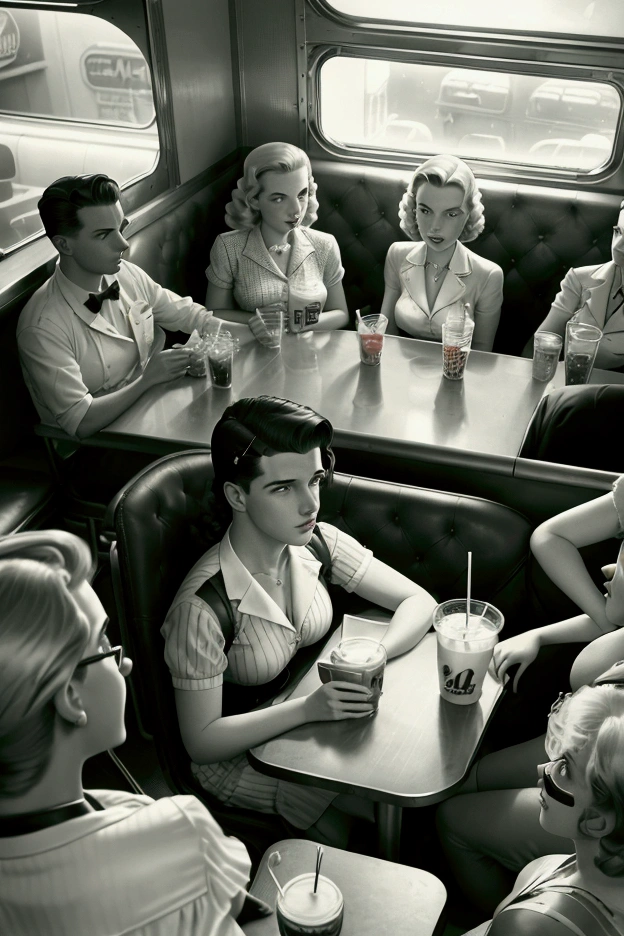 a high angle photo in a retro 1940s diner, a nerdy young man is sitting in a booth sipping a milkshake, he has a bewildered expression on his face, he is surrounded by several admiring women, sexy beautiful women, 1940s wartime era, Life Magazine photo