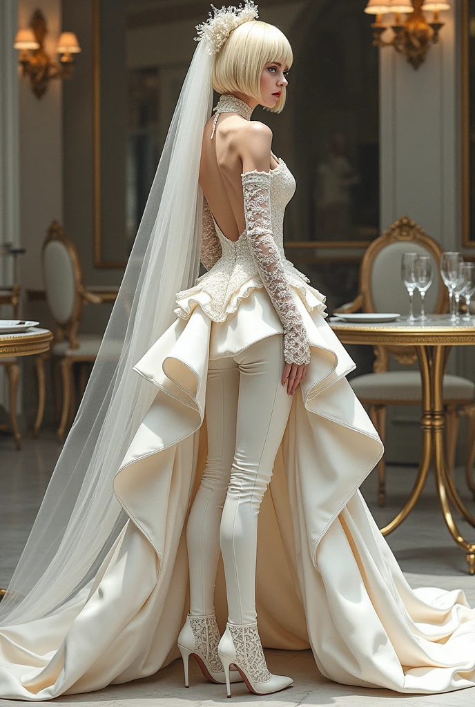 Drawing of a blond androgynous man dressed in a French-style wedding dress, which is a pair of tight pants but has a back part that looks like a very flared dress with a crinoline that is held up at the waist., backless In addition to a huge bridal veil and on top a high neck with lace and sleeveless, full of ruffles. and all full of glassware and elegance. That she has a bridal veil of more than five meters and lace gloves at mid-arm.