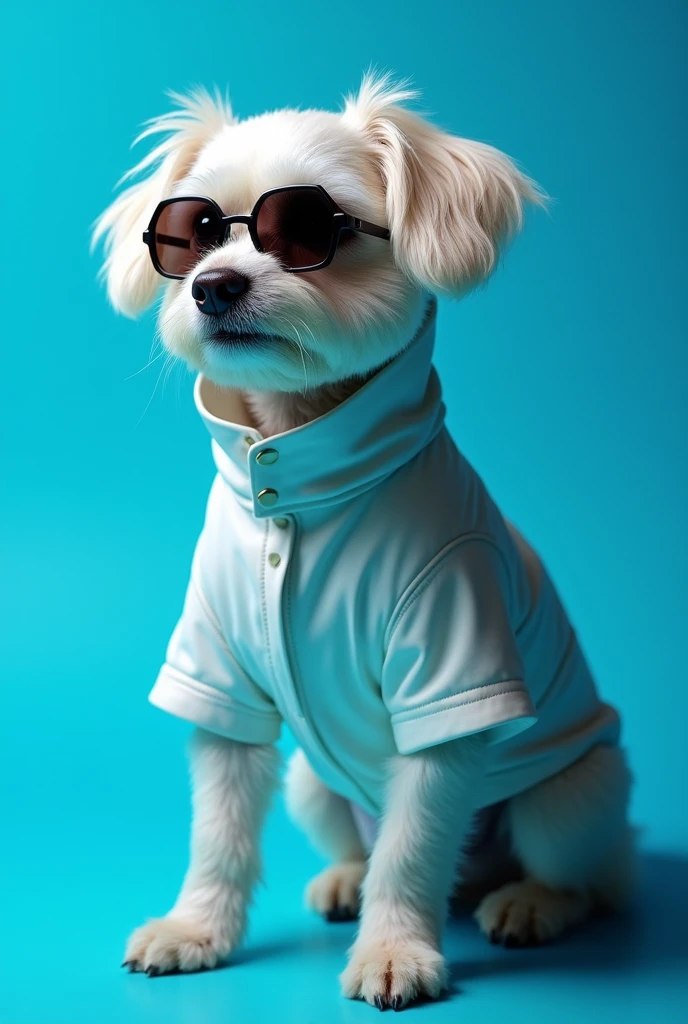 The best cell phone wallpaper, Award-Winning Wallpaper, portrait photography, In the front view is a portrait of a cute dog wearing mid-1960s space age fashion, Side view photo, Shot with Canon EOS R5, Set a strong contrast that accentuates the subject, Fluorescent blue tone, Wearing a very modern coat and sunglasses is a modern 1960s style, Clothes all in one color, beautiful background