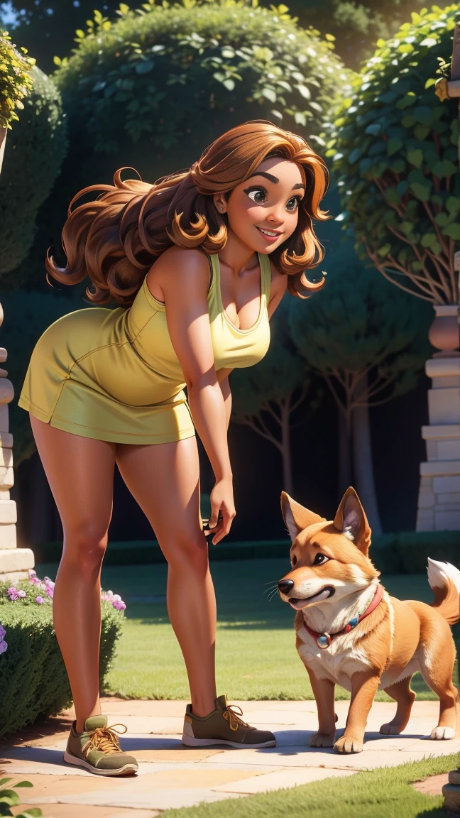 A 3D Disney Pixar-style animation image showing a female with light brown skin, dark long hair, with her 4 labradors, one a senior fox red, one a chunky golden puppy, one an athletic golden puppy and one an athletic golden mid age. everyone is smiling, green garden background