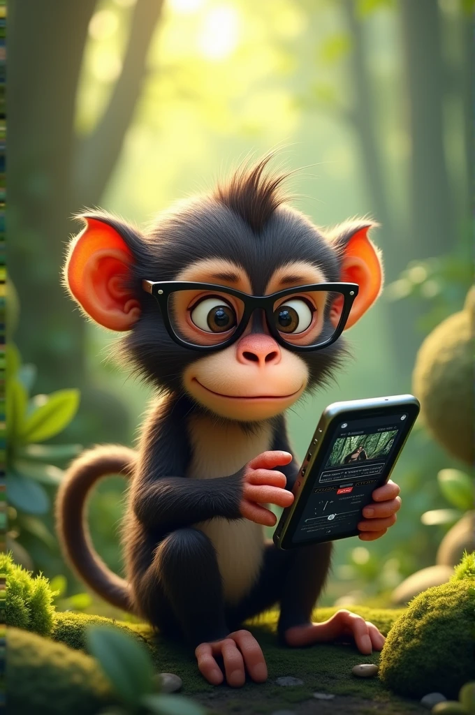 A monkey with glasses editing video on her cell phone

