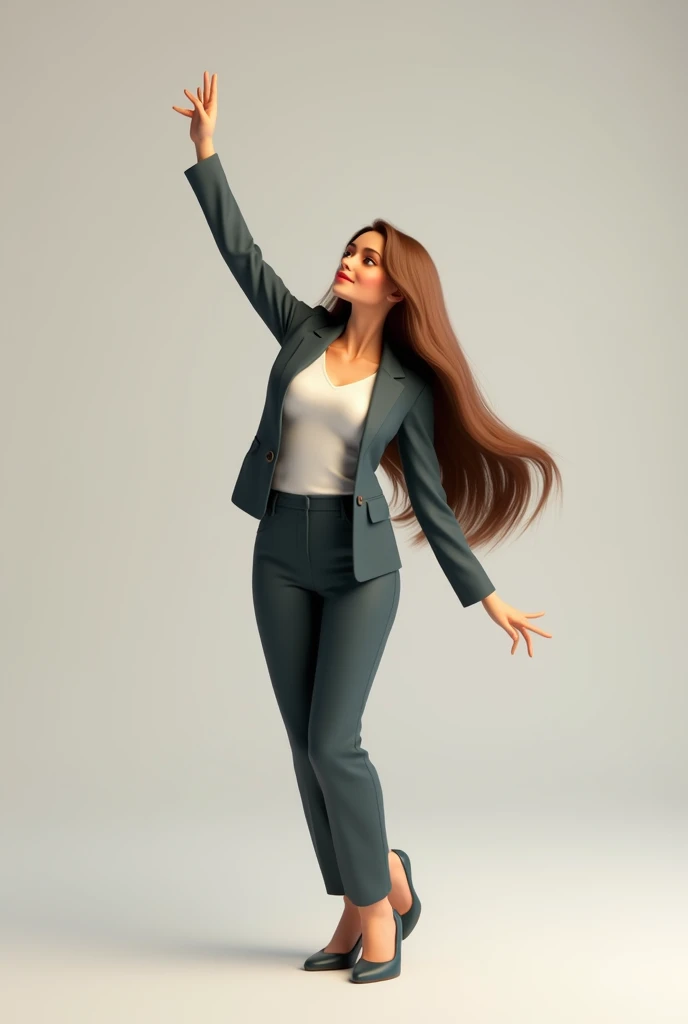A speech therapist with long brown hair, to do the famous dab pose