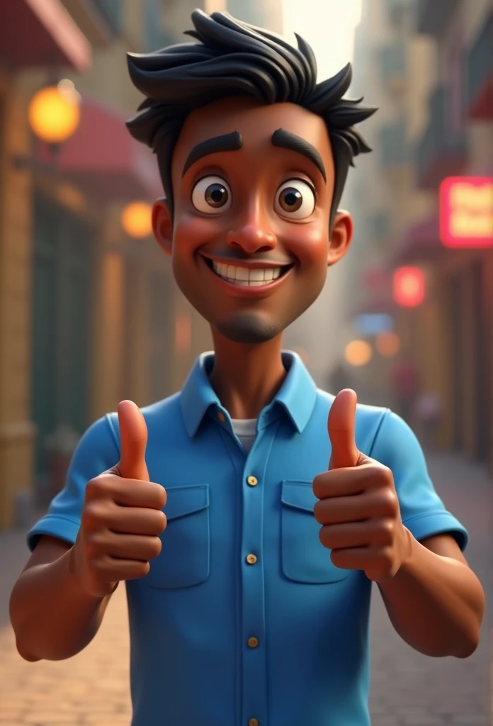 Cartoon character of a man 40 years old full body dark skin short black hair blue shirt, an animated character, stylized character, animation style rendering, 3d stylized, Arnold Maya rendering, Stylized 3D rendering, toon render screenshot, 3d character, 3d character, Stylized 3D rendering, 3D character rendering, cartoon character, Personagem de close up, character posing, (Pixar-style) (master part:1.2) (bokeh) (best qualityer) (skin detailed) (detailed texture) (8k) (Argilla) (cinematic lighting) (sharp focus，standing full body making a thumbs up sign with both hands