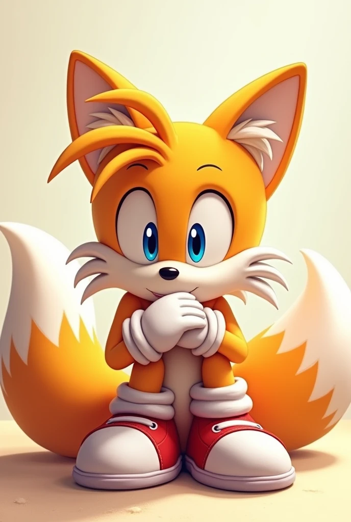 Tails hugging own legs looking at the viewer with his shoes and gloves on