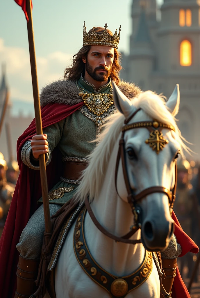 Lord who has brown hair and green eyes who wears a crown and he carries in his left hand a fagnon on his white horse with his soldiers behind him and behind him is his castle with dazzling yellow lights 