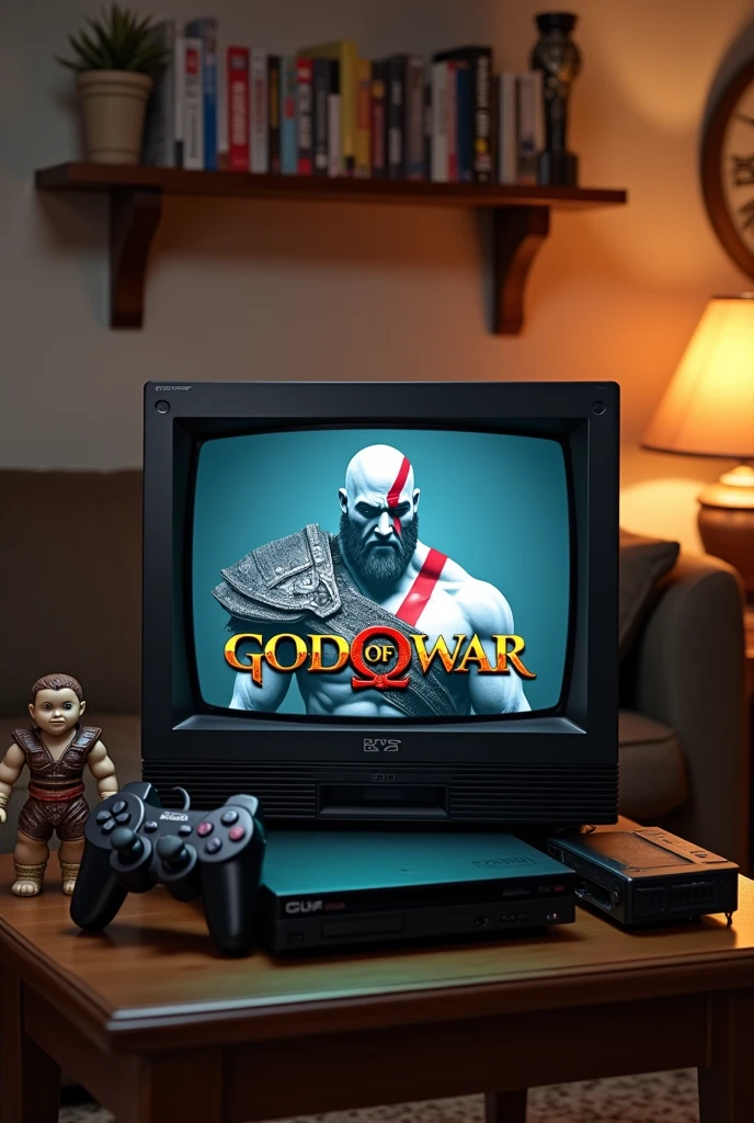 Create a nostalgic and detailed scene of a 2000s living room. En el centro de la imagen, put a classic PlayStation 2 console connected to a CRT television. na tela da TV, display the iconic title screen from the game God of War, with Kratos in the spotlight and his characteristic look. Next to the console, coloque um controle DualShock 2.

The room should have typical period decor., with a shelf in the background containing game boxes in an organized arrangement. Also includes a Kratos action figure to enhance the game&#39;s theme.. Lighting should be soft and warm, creating a retro and welcoming atmosphere that harks back to the 2000s. tiktok standard photo