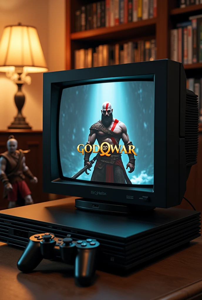 Create a nostalgic and detailed scene of a 2000s living room. En el centro de la imagen, put a classic PlayStation 2 console connected to a CRT television. na tela da TV, display the iconic title screen from the game God of War, with Kratos in the spotlight and his characteristic look. Next to the console, coloque um controle DualShock 2.
The room should have typical period decor., with a shelf in the background containing game boxes in an organized arrangement. Also includes a Kratos action figure to enhance the game's theme.. Lighting should be soft and warm, creating a retro and welcoming atmosphere that harks back to the 2000s. tiktok standard photo
