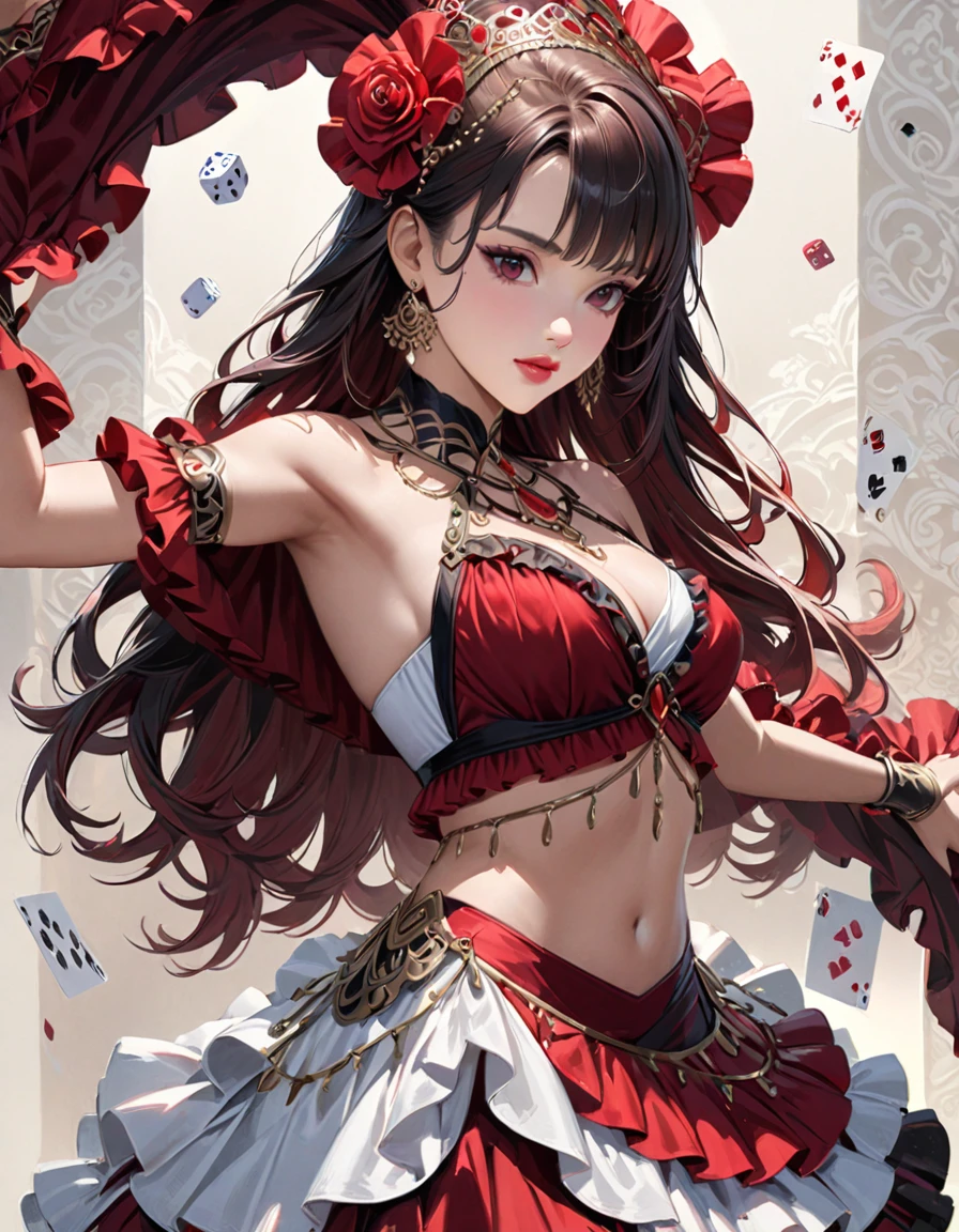 detailed textures, high quality, high resolution, high accuracy, realism, color correction, correct lighting settings, harmonious composition. A costume design drawing of an elaborate flamenco dancer, with ornate patterns and ruffles in shades of burgundy reds and whites. The background is a white canvas, and the illustration includes elements such as cards, playing pieces, and dice. in the style of elegant --ar 3:4 --niji 6
