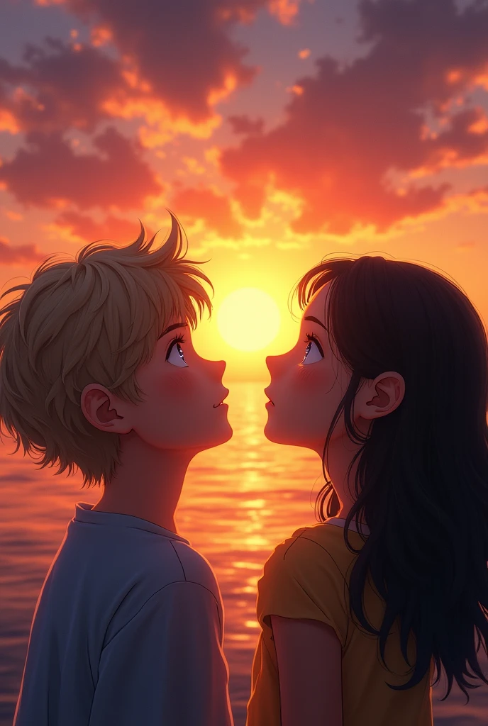 (photorealism:1.2), to a boy with slightly dark blond hair, blue eyes and a girl with black hair and brown eyes looking at a perfect sunset