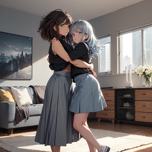 (master piece, best high quality image, very good detailed image, very good detailed character, very good detailed background, very detailed textures, carefully detailed and textures, character alone, full body)
{{((1:character: 5 woman:(fair skin, blue eyes, brown curly hair, feeling anxious, paralized and scared, hugging herself desperatly, scared face),(black shirt, grey long blue skirt), (clean living room))}}