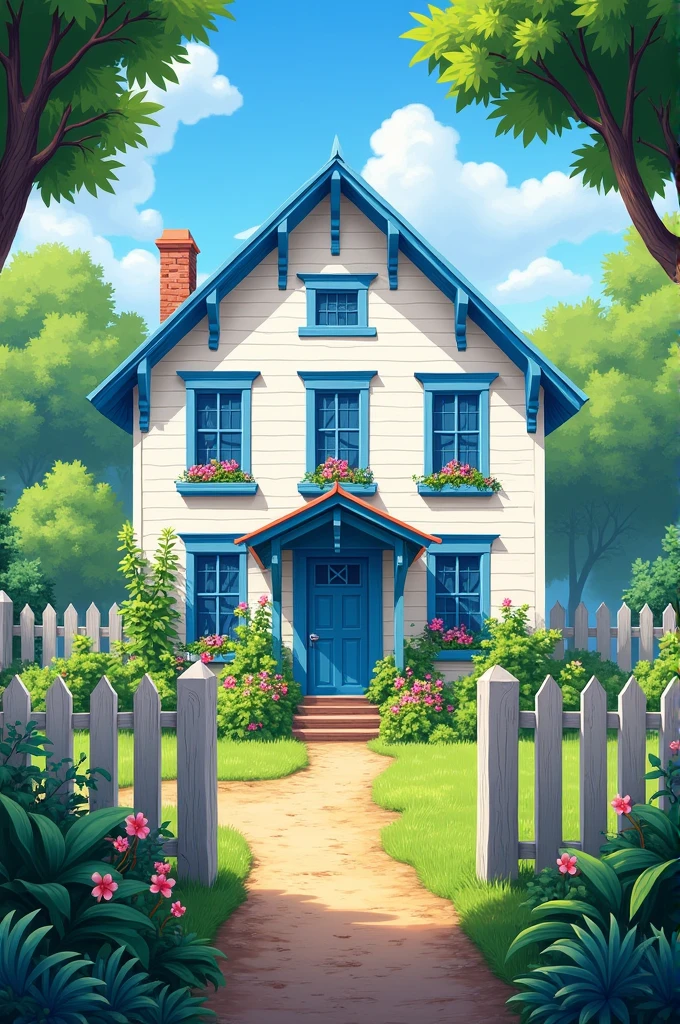 Create an image of a farm where the windows were long and blue and the house was white. The entrance had a fence and many plants