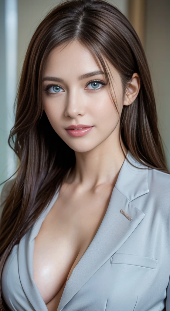 Tabletop, Highest quality, Realistic, Very detailed, finely, High resolution, 8k wallpaper, One beautiful woman,, Light brown messy hair, Wear a Transparent business suit, Sharp focus, Perfect dynamic composition, Beautiful and detailed, Thin Hair, Detailed Realistic skin texture, smile, Close-up portrait, Model body type,European hot model, (light blue eyes),