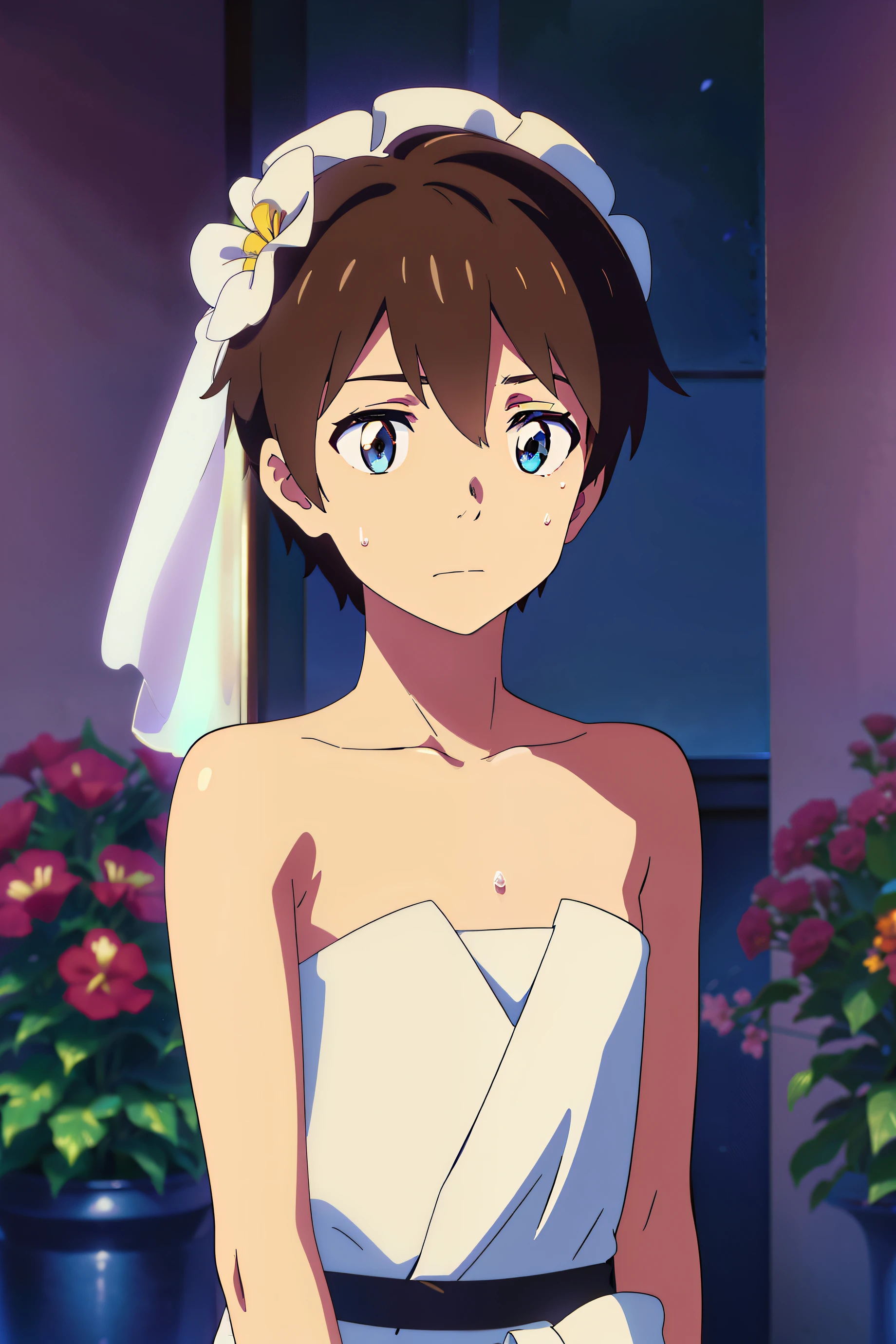 Highres, Masterpiece, Best quality at best,Best Quality,hight quality, hight detailed, Anime style, 1boy, Shota, young boy, shinkai makoto, Kimi no na wa, Taki, hair between eyes, Messy brown hair, blue eye, slim body, look at viewer,Style of wedd00ing, Strapless dress, Bare shoulder, Transparent veil covering head, Flowers on head, Flat chest, upper body, (very young boy), (very small and short body), simple beckground, cute boy, Uhd, Bokeh, sweat