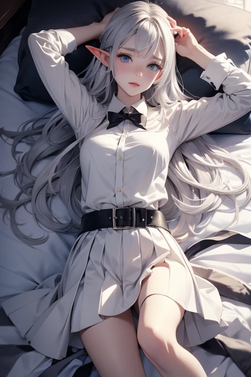 Elf, Silver Hair, At the hotel, Lying on a bed and crucified, school uniform, White shirt, skirt, Open your mouth, Raise your hands above your head,  Crying face, Small breasts,  Spread your legs