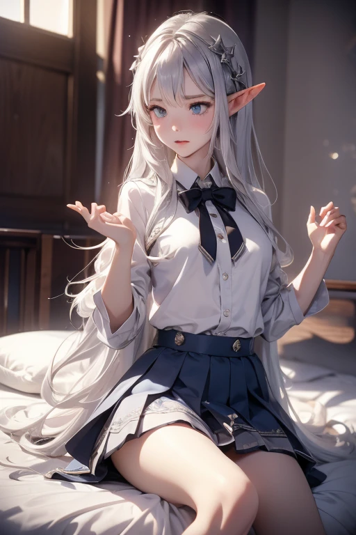 Elf, Silver Hair, At the hotel, Lying on a bed and crucified, school uniform, White shirt, skirt, Open your mouth, Raise your hands above your head, Crying face, Small breasts, Spread your legs