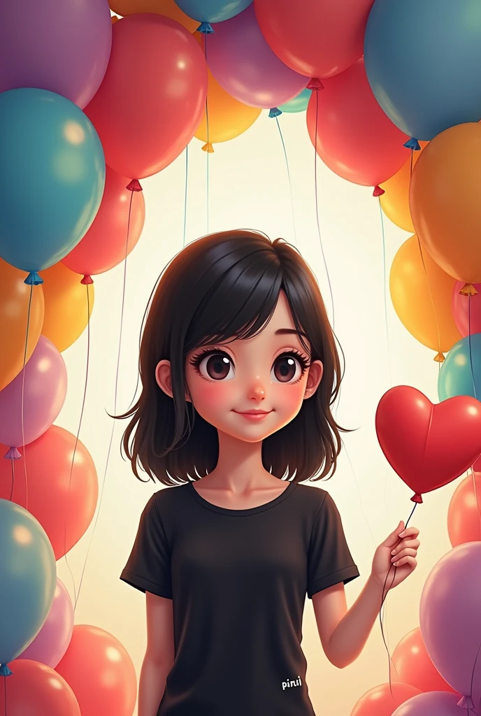 I want an advertising design of an adult woman with black hair, showing only the torso of his body, with black t-shirt, in the form of a semi-realistic cartoon with a heart-shaped balloon in her right hand and next to it a large arch of balloons surrounding her. With some letters below that say "Pini decorations"