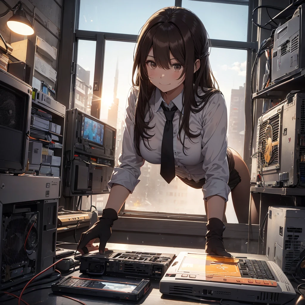 The heat doesn't change even after the sun goes down... I tried to revive a junk PC for the first time in a while, but it didn't work this time. There are days like this...pantyshot, long brown hair, office lady, 1girl, amazing, girl, 30 years old, house wiife, warm smile, hourglass figure,