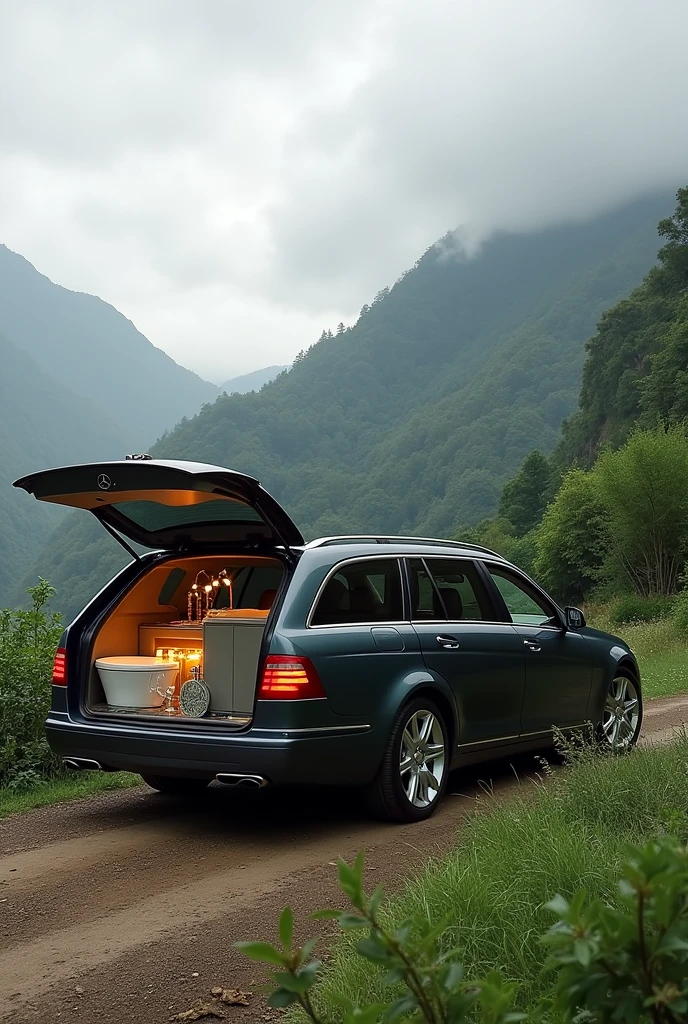 Mercedes benz W140 camper Sedan with a bath in the loading compartment