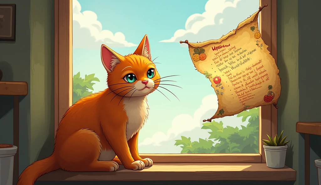 a whisker orange cat  while lounging on his favorite windowsill, he spotted a mysterious map fluttering in the breeze. The map had colorful illustrations and a note that read, "Follow the clues to find the Hidden Treasure of Whiskerland!"


