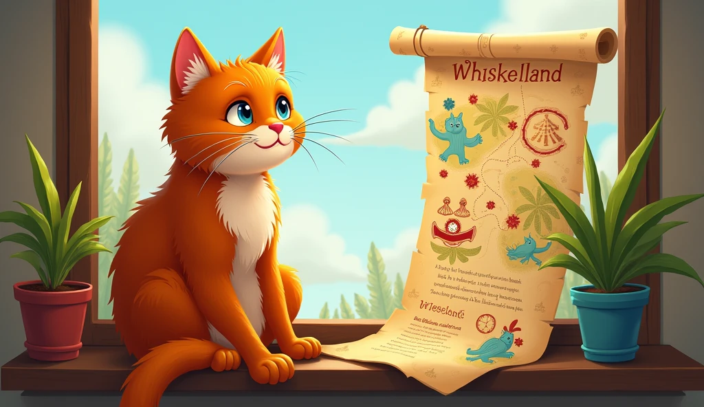 a whisker orange cat  while lounging on his favorite windowsill, he spotted a mysterious map fluttering in the breeze. The map had colorful illustrations and a note that read, "Follow the clues to find the Hidden Treasure of Whiskerland!"


