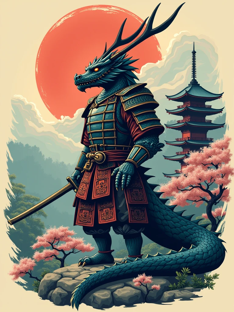 “Vector t-shirt design featuring a humanoid dragon samurai, inspired by the art style of Studio Ghibli, set in a medieval Japan environment. The dragon samurai should be depicted in traditional samurai armor, with intricate details and elegant design, blending both the fearsome and noble qualities of a warrior. The setting should include elements of a serene yet mystical Japanese landscape, such as cherry blossom trees, traditional temples, and mist-covered mountains. The color palette should be soft yet vibrant, using shades that evoke the rich and atmospheric style of Ghibli films. The overall design should capture the essence of honor, tradition, and mysticism, creating a visually captivating and deeply atmospheric t-shirt design.”