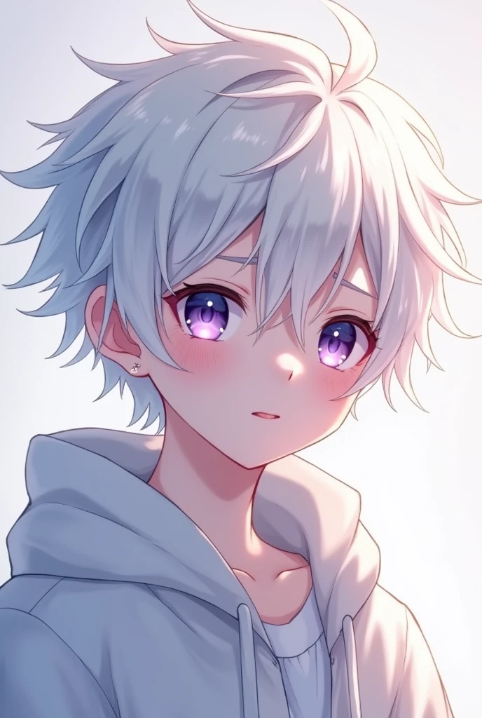 cute anime boy with white hair and purple eyes clean anime looking at camera without eyelashes pc wallpaper