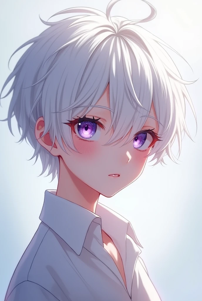 cute anime boy with white hair and purple eyes clean anime looking at camera without eyelashes pc wallpaper