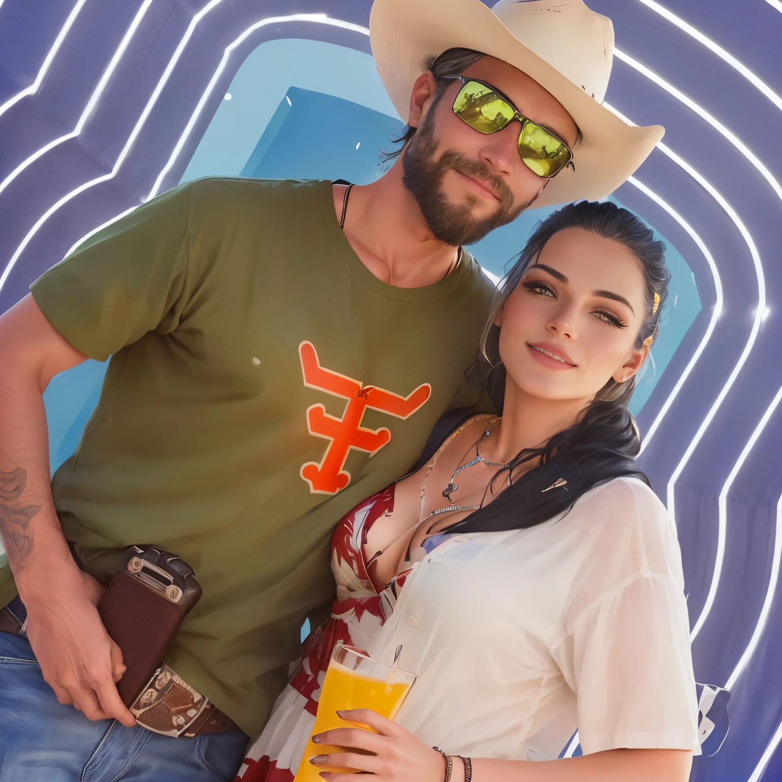 There is a man and a woman next to each other, profile image, powder Nándor Katona, tema cowboy, music Festival, profile image, Festival vibes, by Daniel Lieske, vacation photo, malika favre, Festival, cowboy shot, marischa becker, Andreia Rocha, carla ortiz, by Felipe Device, low quality photo, cowboy style