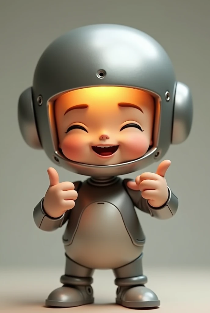 Make another image similar to this one of the lamp head, but this time with a more realistic body and a more human smile, greeting with your little fingers making a gun shape