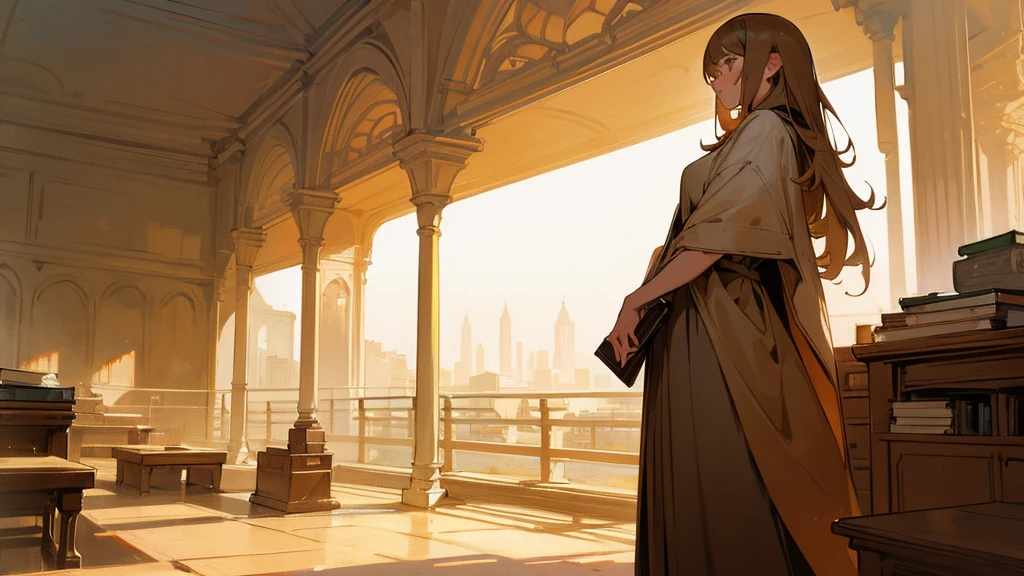 A beautiful girl is standing on the right side of the picture (not big size) reads a book , warm toned drawing