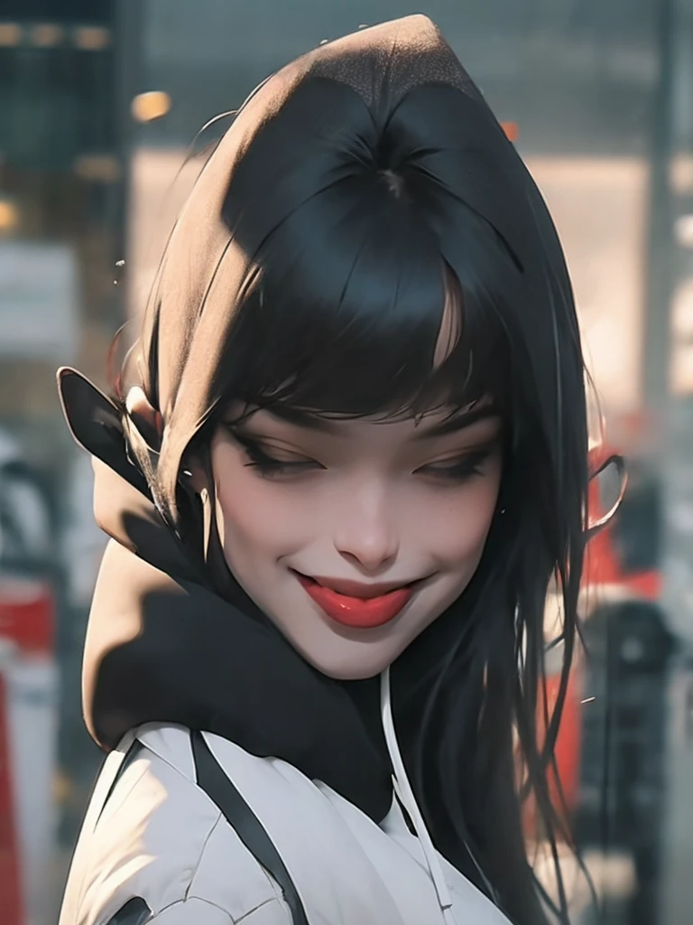 Close-up portrait of a young woman with a rebellious and defiant expression. His face is in the foreground, softly and dimly lit, highlighting her light skin. He wears a black hood that covers most of his head., leaving only his mouth and tongue visible. About the hood, A white cross stands out at the top, contrasting with the dark fabric. the woman has her mouth open, showing a wide, provocative smile while sticking her tongue out, creating a bold and defiant effect. The light is subtle, with soft shadows that add a dramatic touch to the face and hood. The style is hyperrealistic, capturing the details of the fabric texture, Shiny teeth and wet tongue,The hood covers his eyes and nose,only the mouth visible