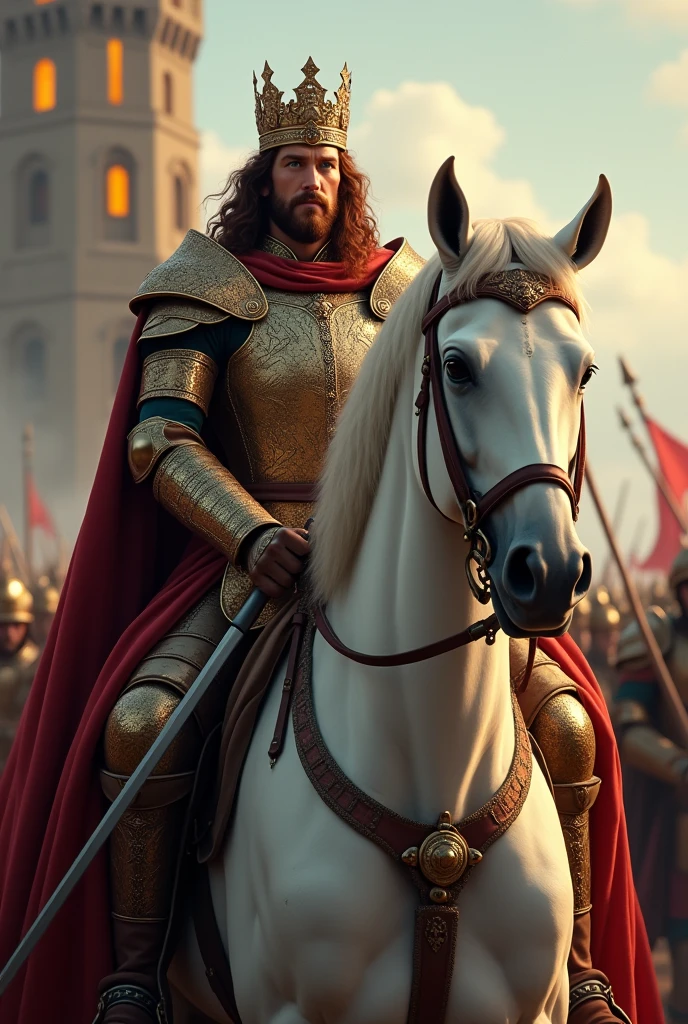 Lord who has brown hair and green eyes who wears a crown and he carries in his left hand a fagnon on his white horse with his soldiers behind him and behind him is his castle with dazzling yellow lights
