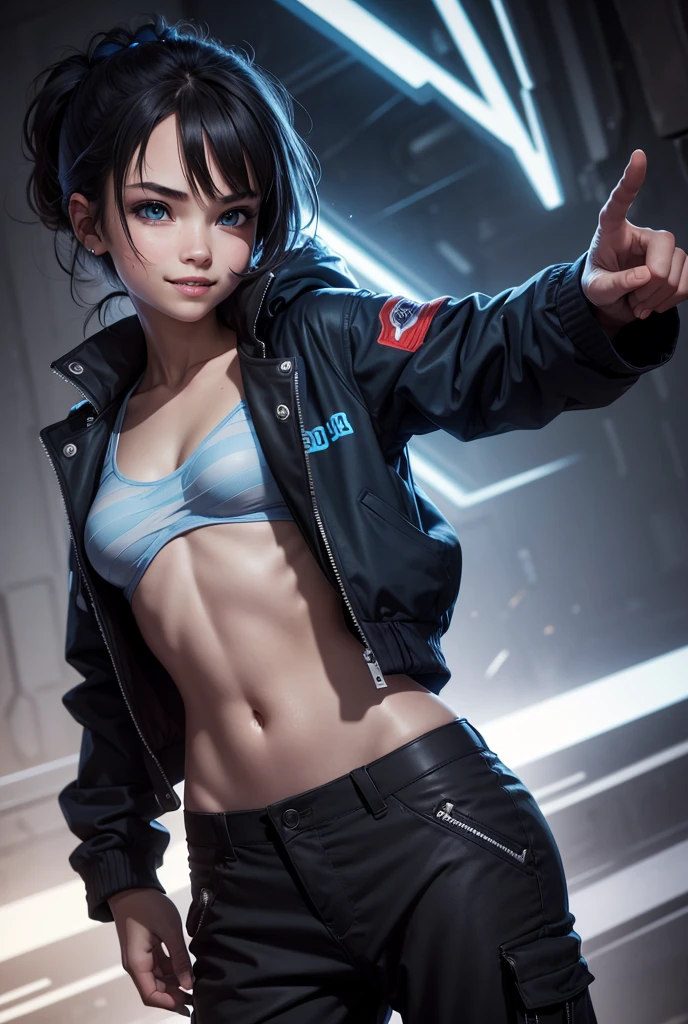 Solo, High Resolution, Smirk, Speed Lines, Best Quality, bandages, blue lighting, Teeth, Fangs, bule Eyes, 1girl, baggy pants, black jacket,