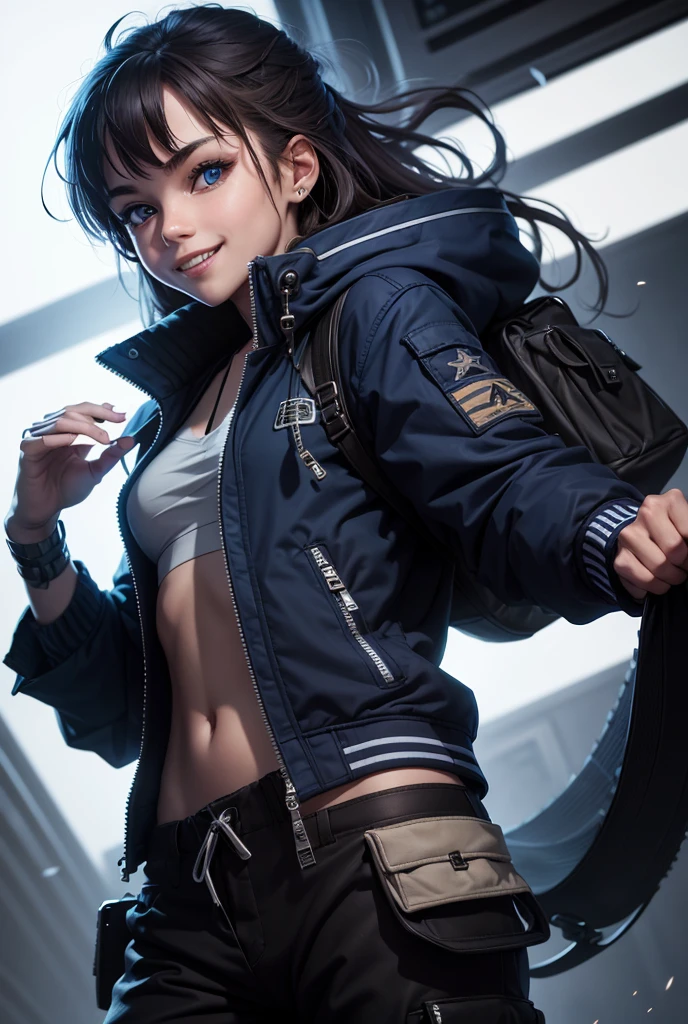 Solo, High Resolution, Smirk, Speed Lines, Best Quality, bandages, blue lighting, Teeth, Fangs, bule Eyes, 1girl, baggy pants, black jacket,