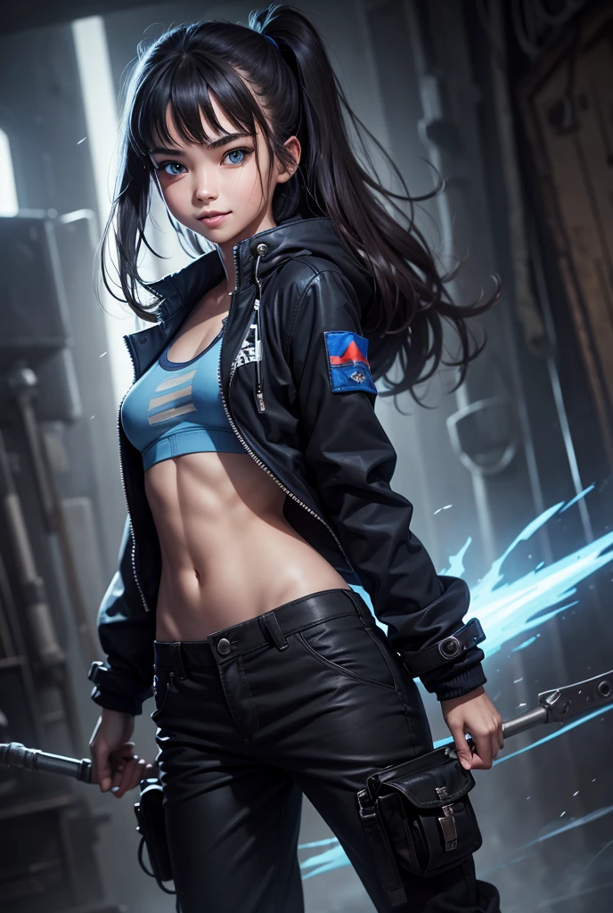 Solo, High Resolution, Smirk, Speed Lines, Best Quality, bandages, blue lighting, Teeth, Fangs, bule Eyes, 1girl, baggy pants, black jacket,