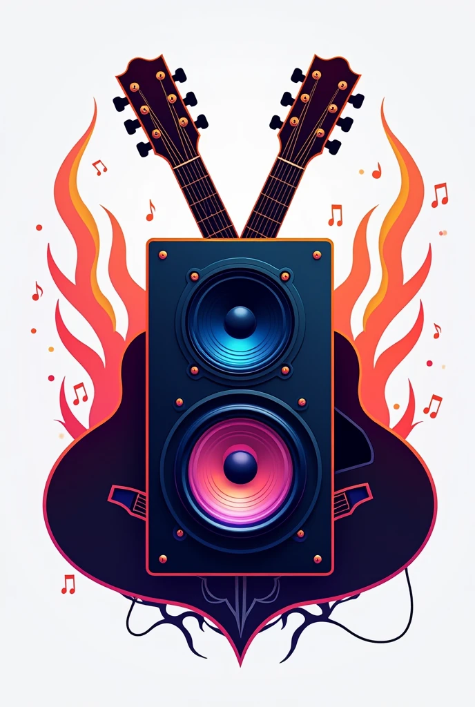 A logo for a podcast channel depicting a stereo speaker with RGB lights in the center crossed by two acoustic guitars