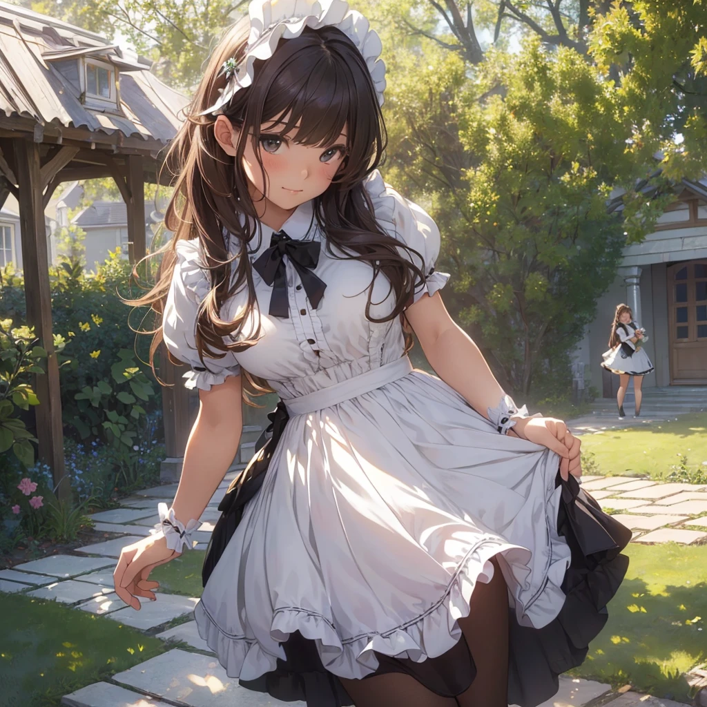 masterpieces,best quality,(ultra_detailed),3D,(realistic:1.9),(photorealistic:1.9),(light falloff at edges:1.9),shallow depth of field,sensual girl,in garden,at morning,western‐style house in the background,plump,(brown _pantyhose,)wavy long hair,built bangs,drooping eyes,wide-set eyes,lovely round eyes,looking away,round face, (maid costume),