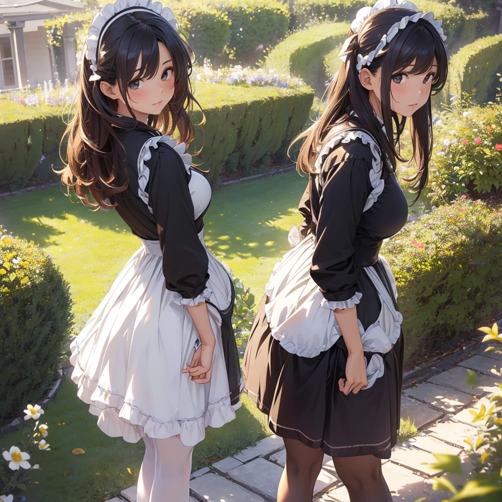masterpieces,best quality,(ultra_detailed),3D,(realistic:1.9),(photorealistic:1.9),(light falloff at edges:1.9),shallow depth of field,sensual girl,in garden,at morning,western‐style house in the background,plump,(brown _pantyhose,)wavy long hair,built bangs,drooping eyes,wide-set eyes,lovely round eyes,looking away,round face, (maid costume),