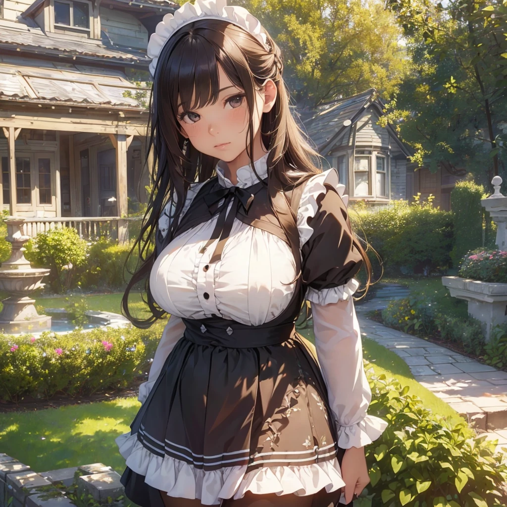 masterpieces,best quality,(ultra_detailed),3D,(realistic:1.9),(photorealistic:1.9),(light falloff at edges:1.9),shallow depth of field,sensual girl,in garden,at morning,western‐style house in the background,plump,(brown _pantyhose,)wavy long hair,built bangs,drooping eyes,wide-set eyes,lovely round eyes,looking away,round face, (maid costume),