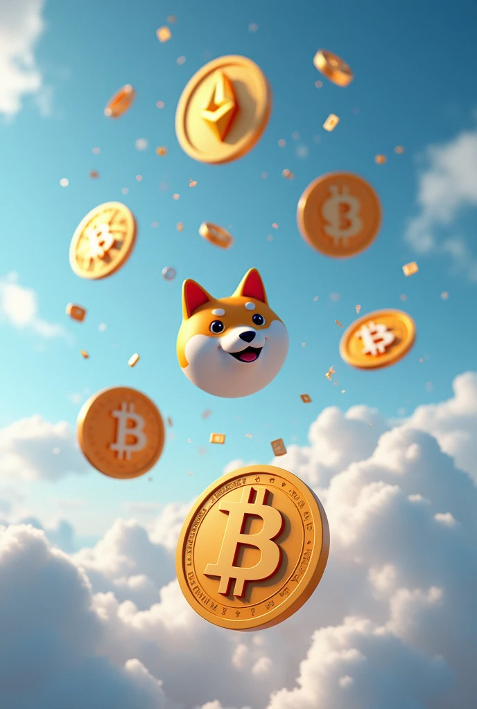 Bitcoin, ethereum, Binance Coin, shiba inu, Dogecoin and Pepecoin falling from the sky image 16:9